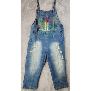 Monthorigin Denim Overalls Womens Large Blue Art Paint Distressed Cropped
